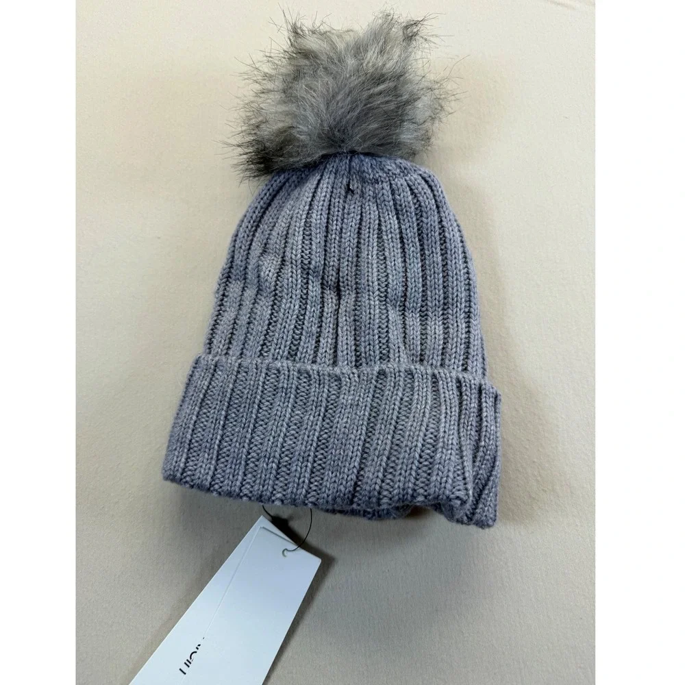 Calvin Klein Beanie Women 1SZ Grey A1KH4914 Faux Fur Pom Ribbed Knit Hat